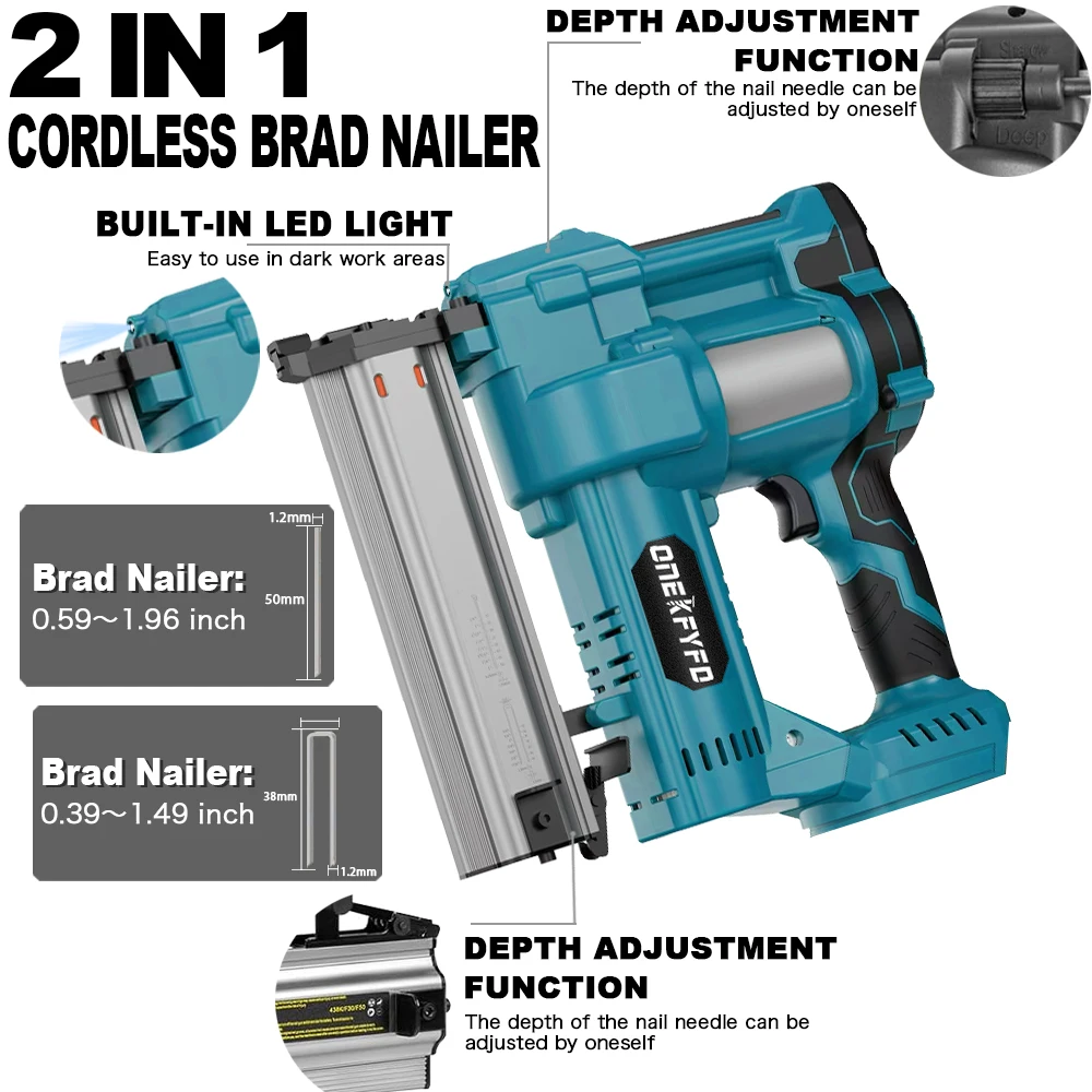 Brushless 2 in 1 Wireless Cordless Electric Nailer/Stapler Gun with  F50 /K438 Nail  Lithium Battery for Makita 18V Battery