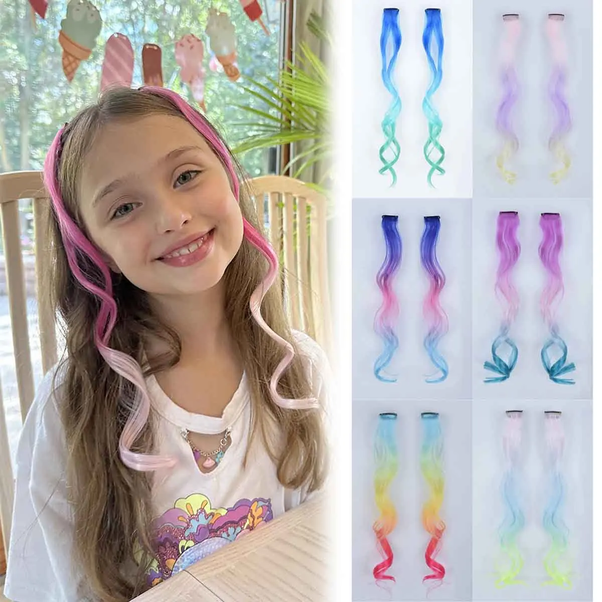 6PCS Ombre Clip In Hair Extensions Synthetic Body Wave Long Wavy Rainbow Highlight For Women Party Cosplay Festival Hair