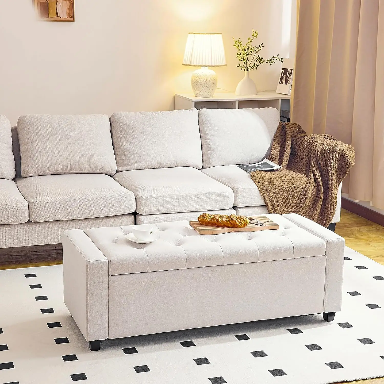 Redlife 48in Button Tufted Ottoman Bench with Storage, Beige, Safety Hinges for Bedroom, Living Room, Entryway