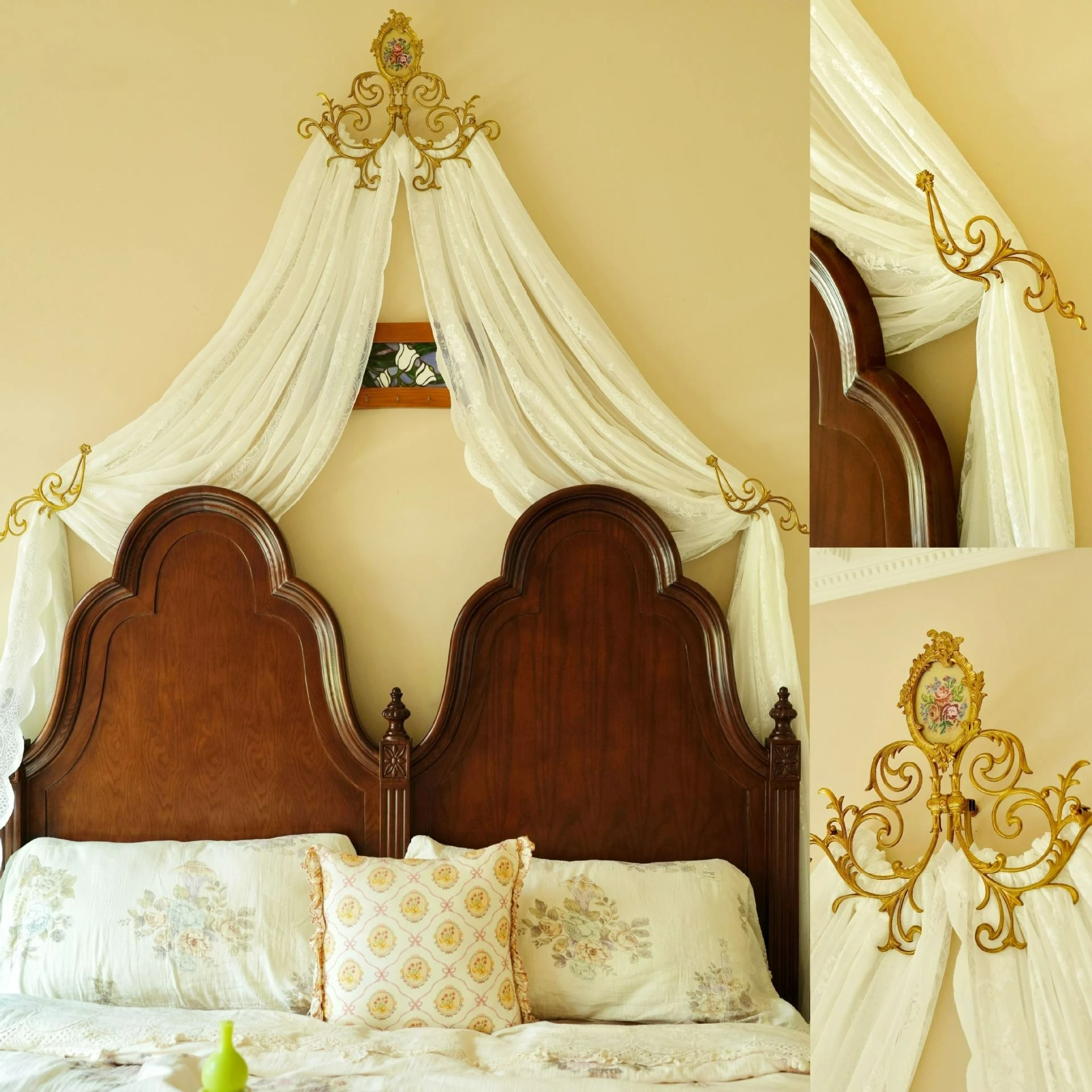 Yellow Bed Canopy Frame Headboard Curtain, French Door Curtain, Lace Princess Korean Style Home Decoration for Bedroom