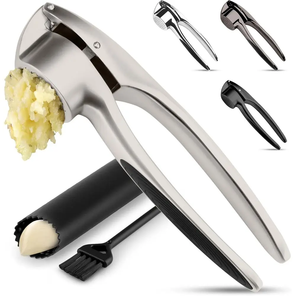 Garlic Mincer with Silicone Peeler and Brush, Easy Squeeze, Ergonomic Handle, Silver, Medium