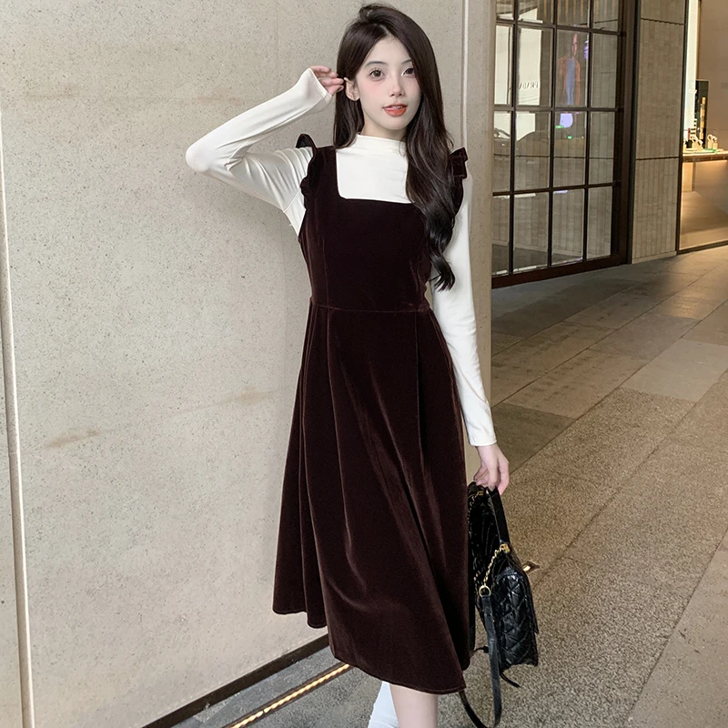 

Velvet Strap Dress Women's Autumn Winter New Retro Fashion Temperament Two-piece Suit Solid Color Tops Long Dresses Sets