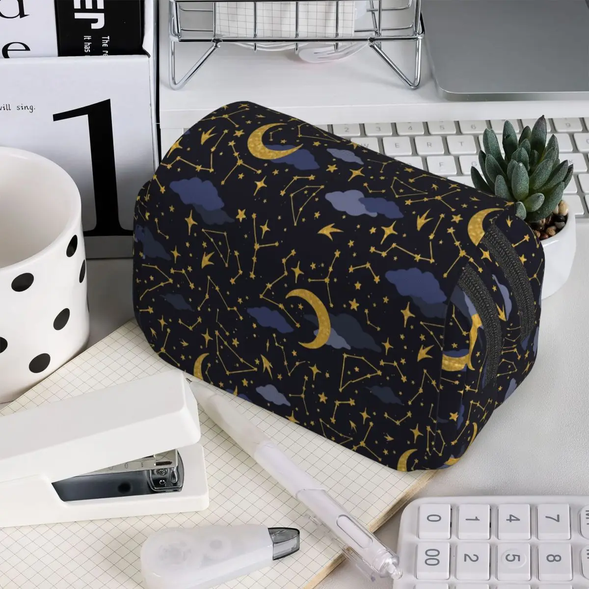 Night Sky Golden Celestial Stars Zodiac Constellations Pencil Case for Kid Pen Box Pencil Bag Stationery Supplies Pen Holder Bag