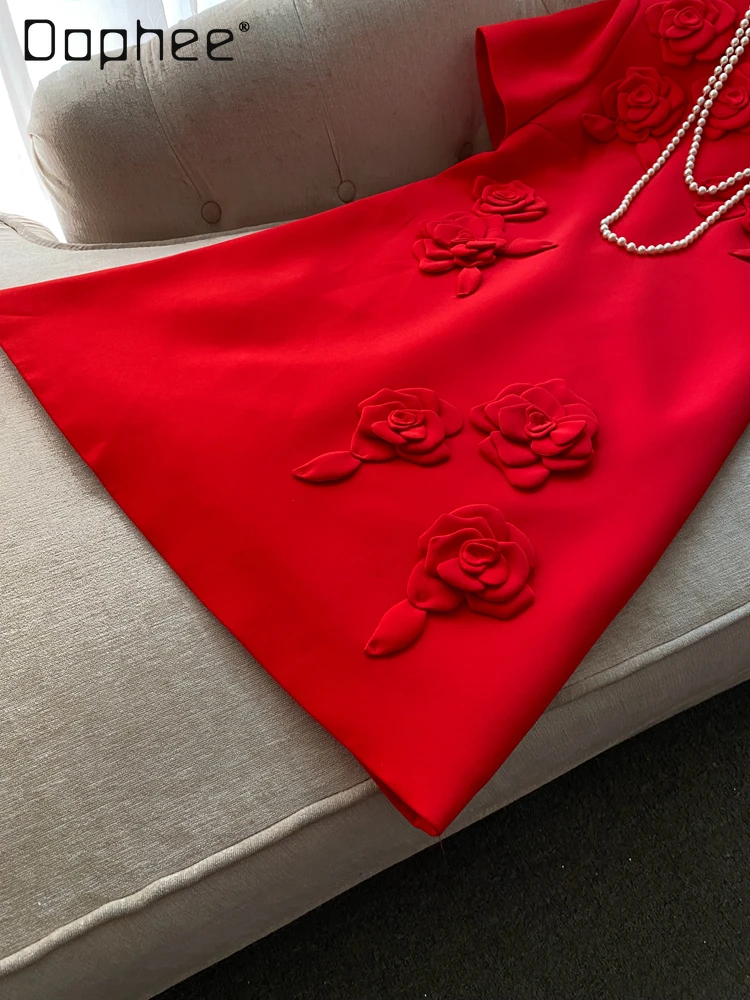 Robes de soirée de tempérament élégant fleur tridimensionnelle à manches courtes Simple Style classique Mini robe femmes robes trapèze