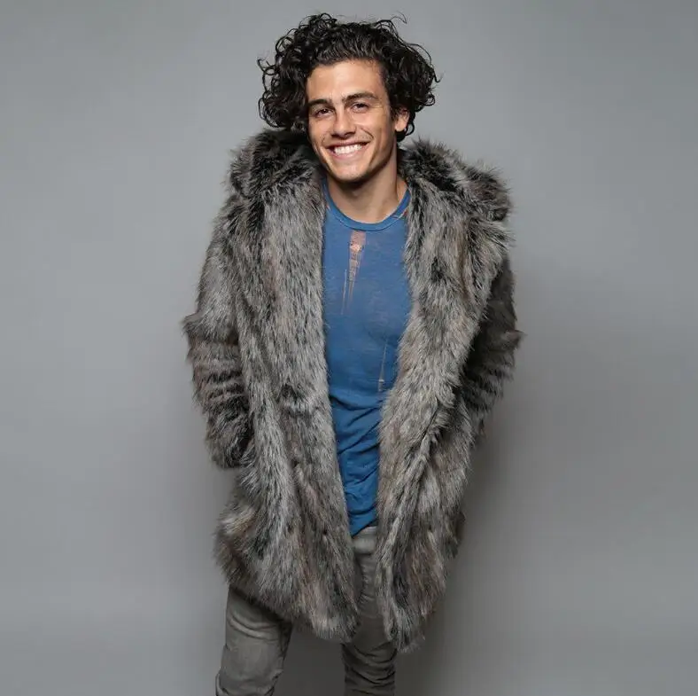 Men's Faux Fur Coat Long Sleeve Hooded Thick Warm Jackets Male Plush Fluffy Cardigan Casual Parka Snow Wear Winter Fur Coat