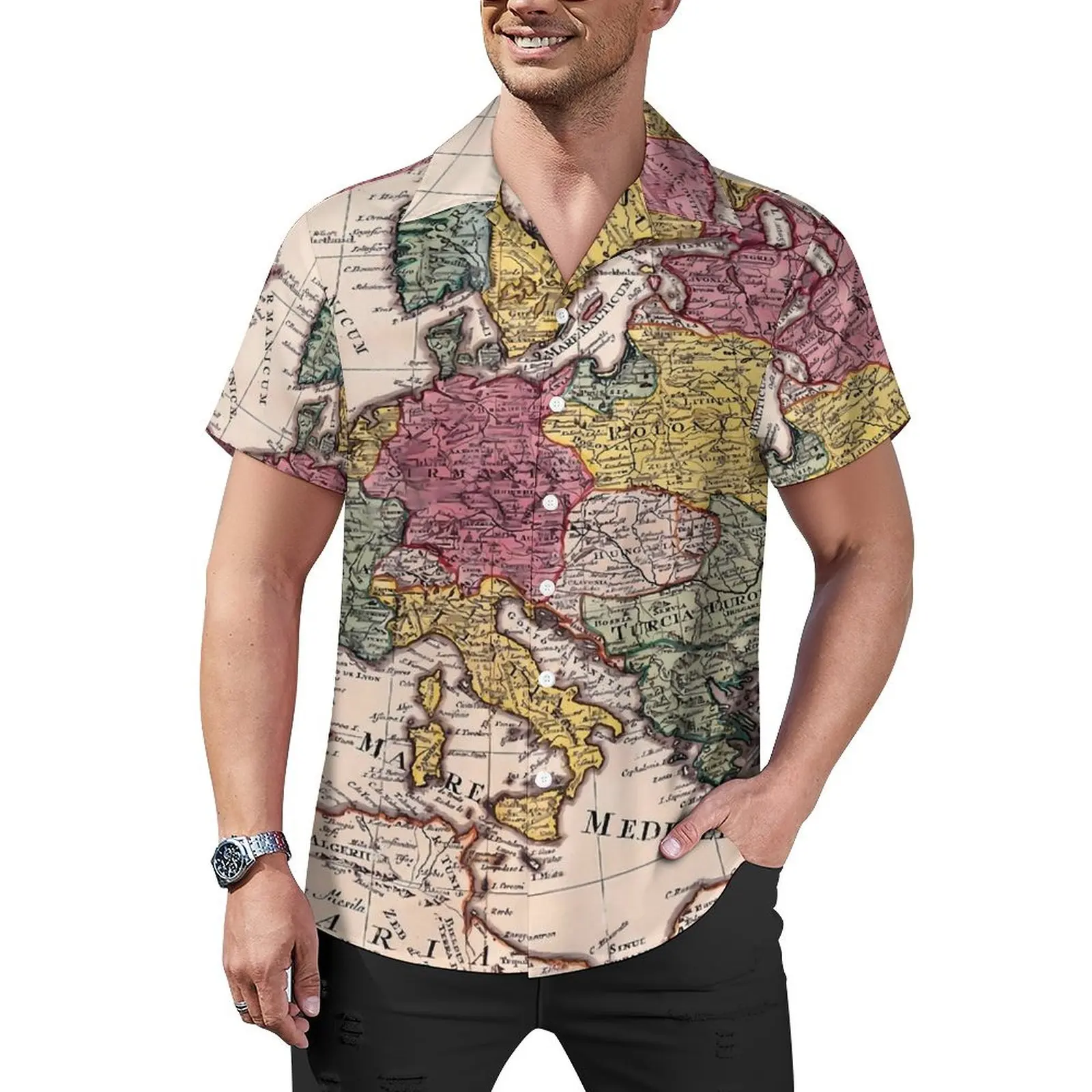 

Old World Map Vacation Shirt Male Antique Map Trendy Casual Shirts Summer Short Sleeve Harajuku Oversize Blouses Gift Idea