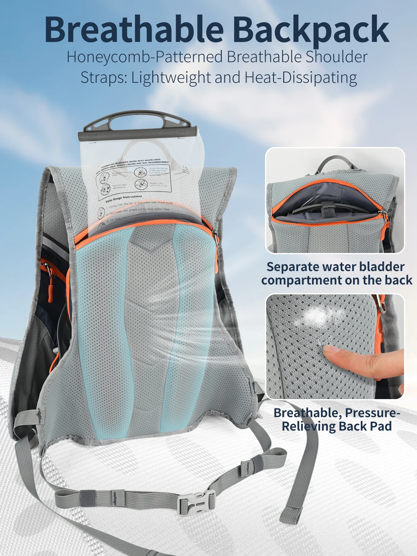 15-Liter-Hydrationsrucksack für Reiten, Wandern und tägliche Outdoor-Aktivitäten mit Unisex-Design, mehreren Taschen und separatem Wasserblasenfach. – Detail 5