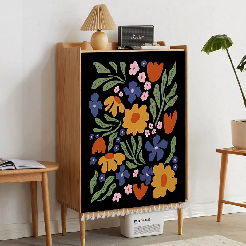 VIKAMA Bunte Blumen-Schrankabdeckung, Klettverschluss-Vorhang ohne Bohren, Stoffabdeckung für Schuhschrank und Sideboard