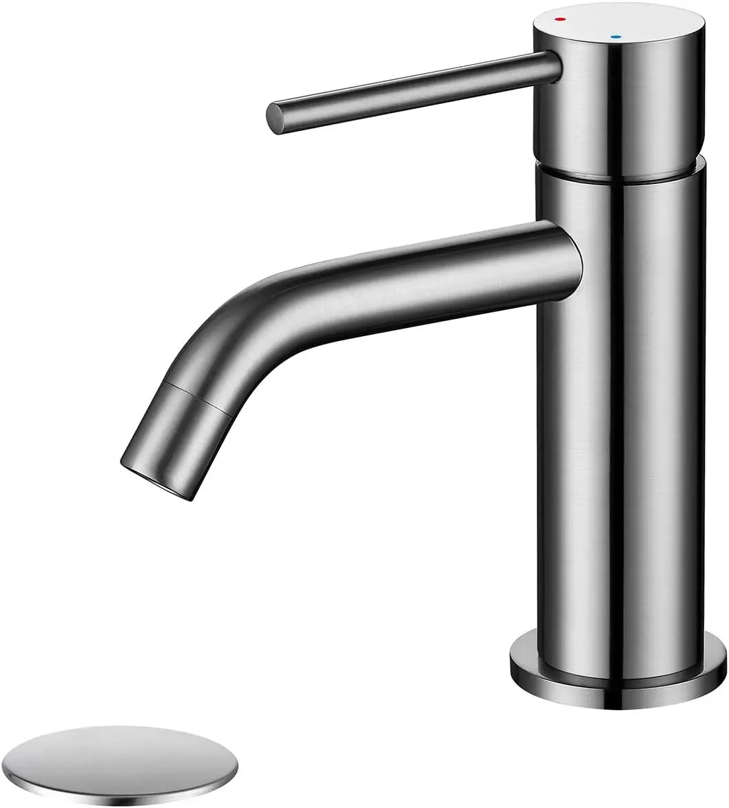 

Brushed Nickel Single Hole Bathroom Sink Faucet with Pop-up Drain Assembly and Supply Lines