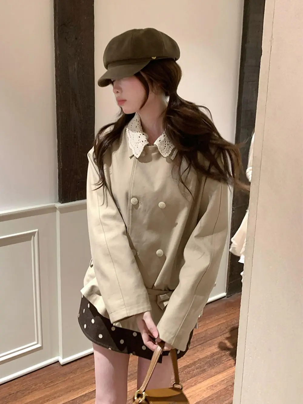 Korean Sweety Cute 2 Piece Set Women Detachable Lace Collar Belted Waist Short Trench Coat + Polka Dot Skort Casual Daily Outfit