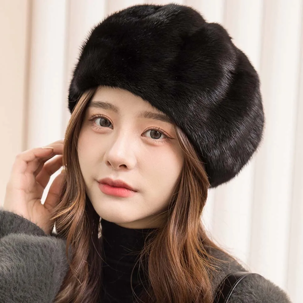

2025 Women Mink Velvet Pumpkin Cap Solid Color Plush Warm Octagonal Hat Lady Casual Fluffy Real Mink Fur Beret