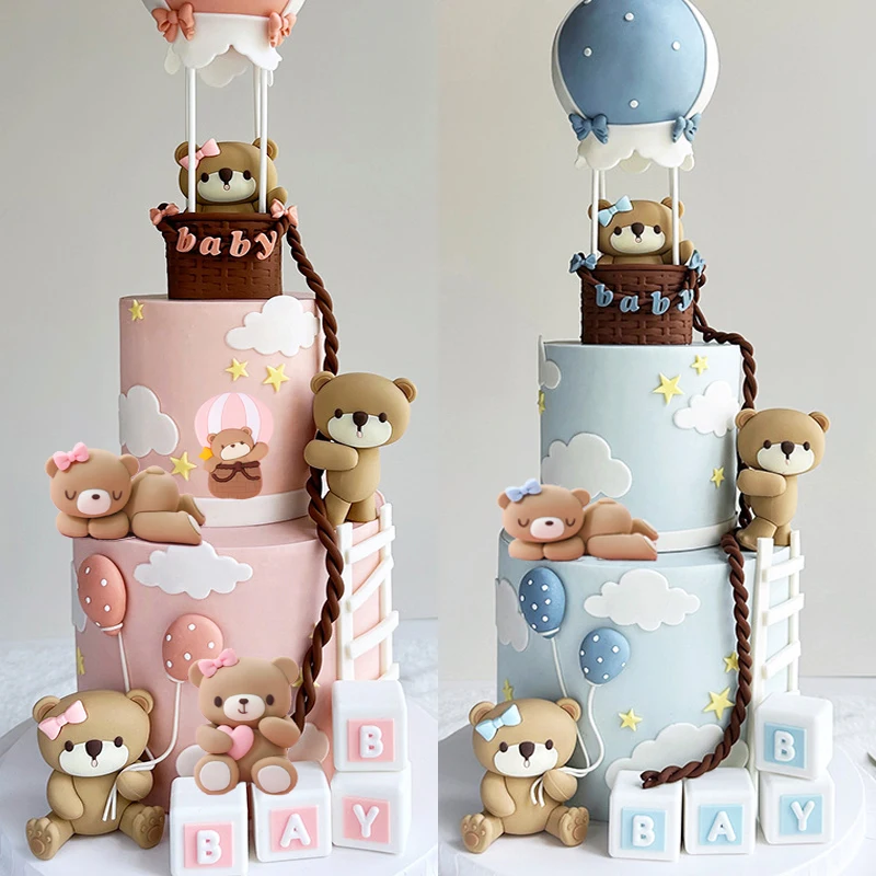 Pink Blue Bear Cake Decorations Mini Bear Figurine cake toppers for baby shower Boy Girl First Birthday Party Decorations Kids