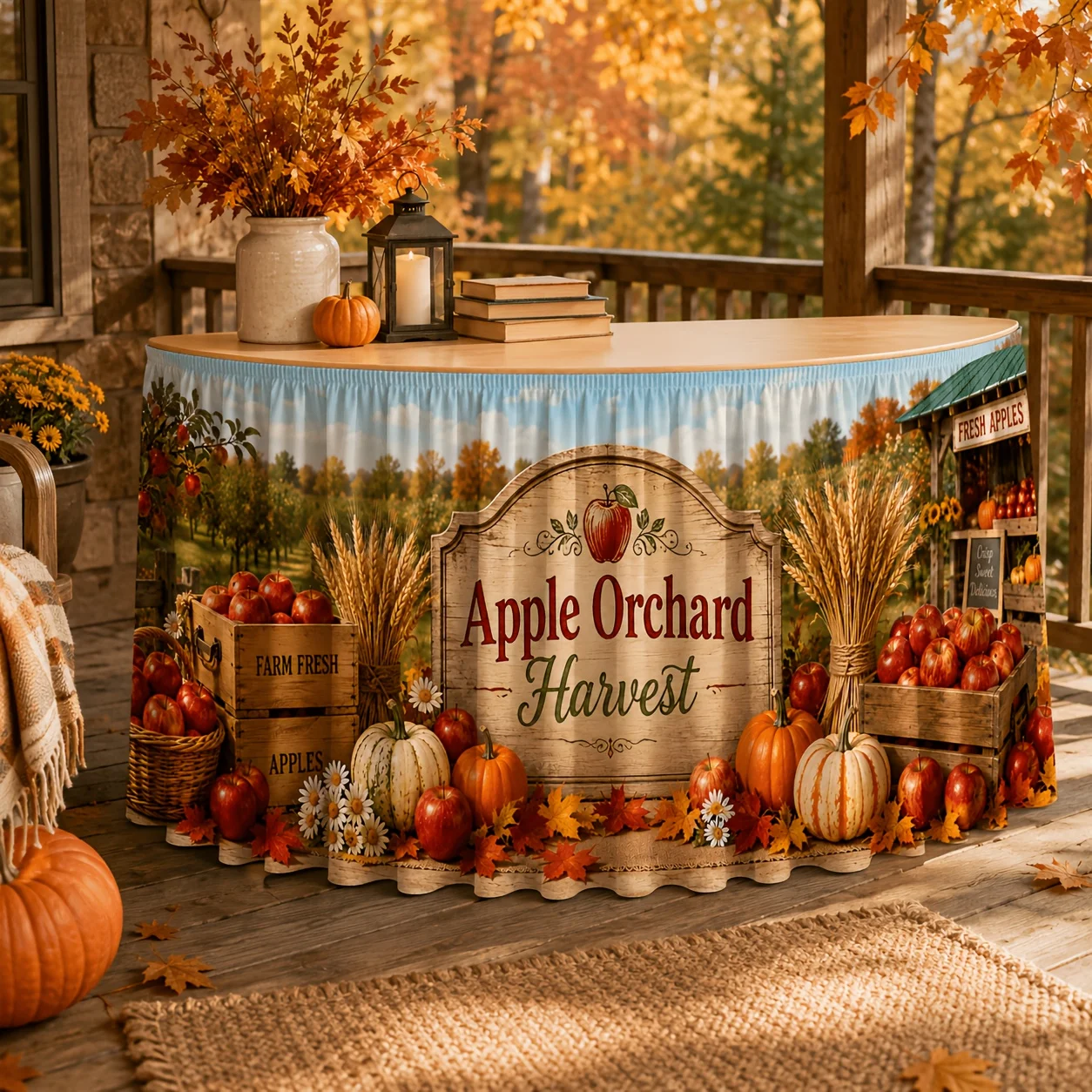 1 tablecloth table skirt, apple orchard harvest theme, red apple pumpkin maple leaf wheat ear farm wind tablecloth