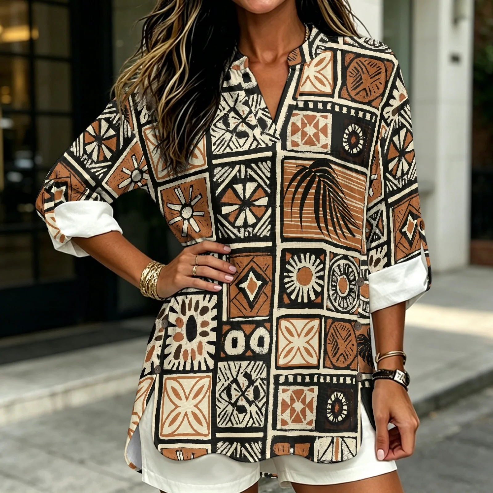 PENSTROLL Geometric Linen Like Notch V Neck Blouses Casual Loose Fit Blouses for Womens Rolled Cuffed Long Sleeve Blouses Shirts