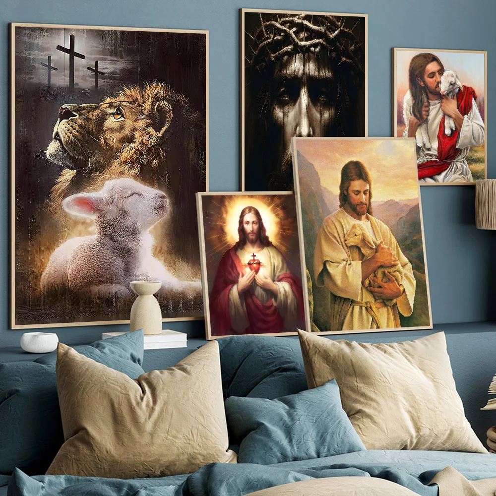 Lamb of God and Cross Scared Heart of Jesus Vintage Posters Sticky Whitepaper Prints Posters Artwork Posters Wall Stickers