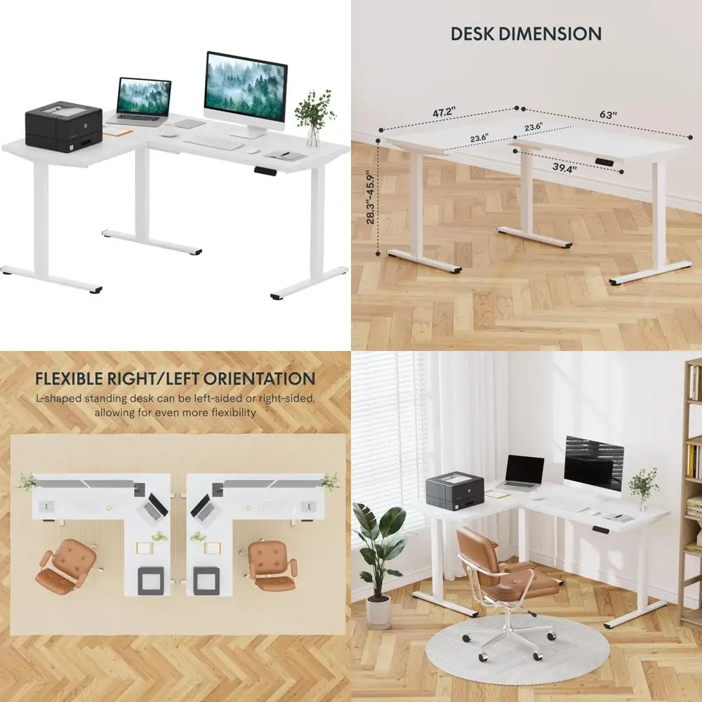 Mesa de canto elétrica ajustável, mesa de computador em forma de L de 63 x 48 com superfície de trabalho de nível dividido para escritório doméstico