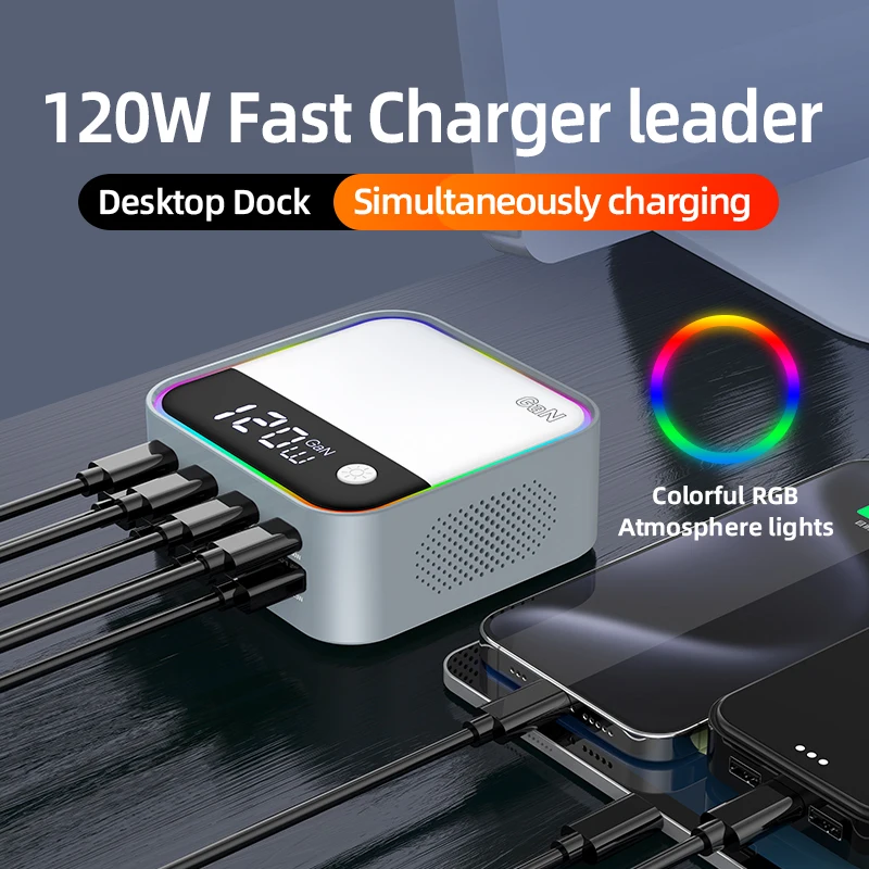 120W GaN Charger 8-IN-1 USB Type C/A Desktop Charger PD Multi-port Charger For Laptop iPhone 16 Samsung Xiaomi PPS Fast Charger