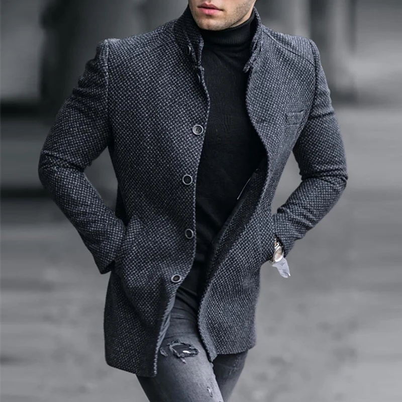 Fall Winter Casual Mens Slim Jackets Vintage Button Stand Collar Jacket Coat For Men Fashionable Plaid Textured Outerwear Coats