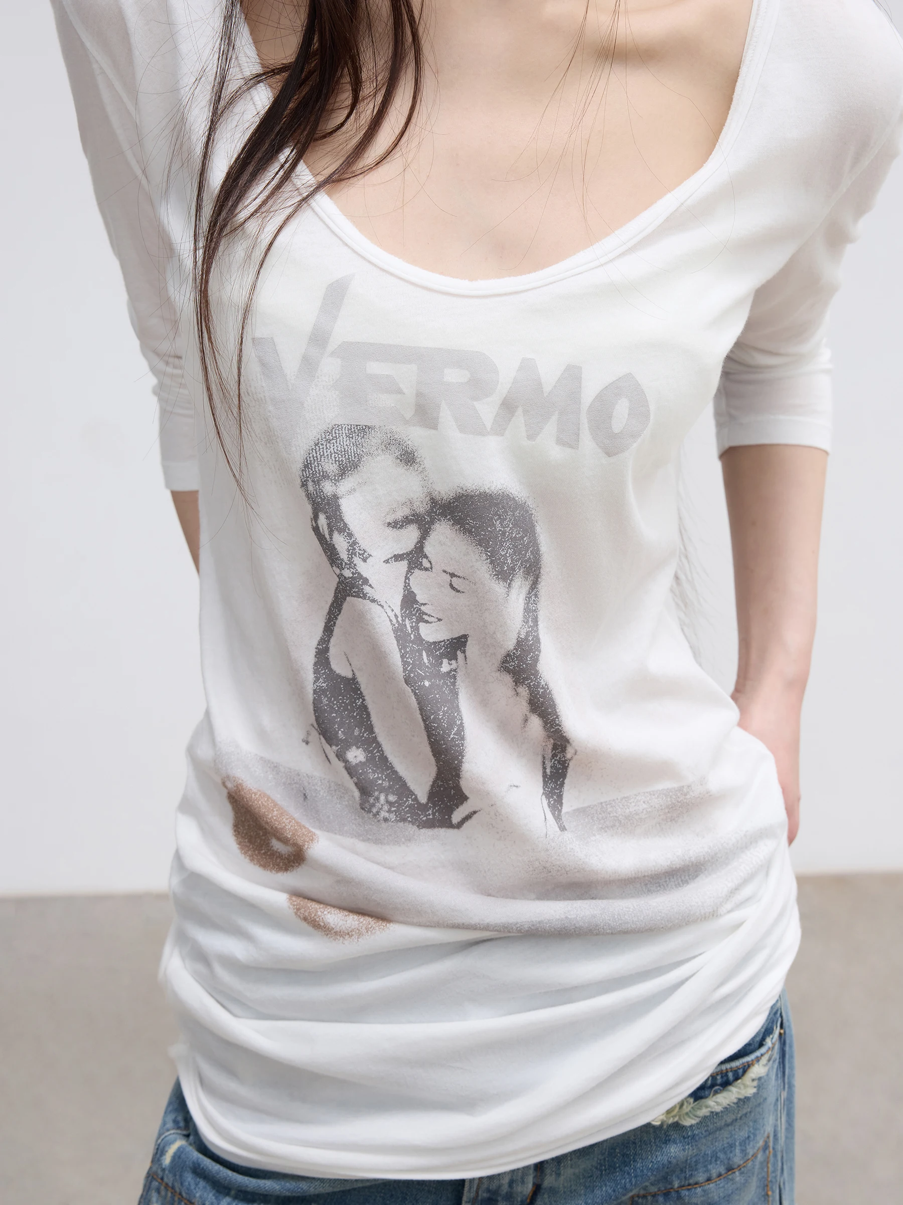 VERMO Modern Retro U-Neck Soft Combed Cotton Mid-Length T-Shirt Skirt Women's Loose Fit Long Sleeve Casual Style Cotton Dress