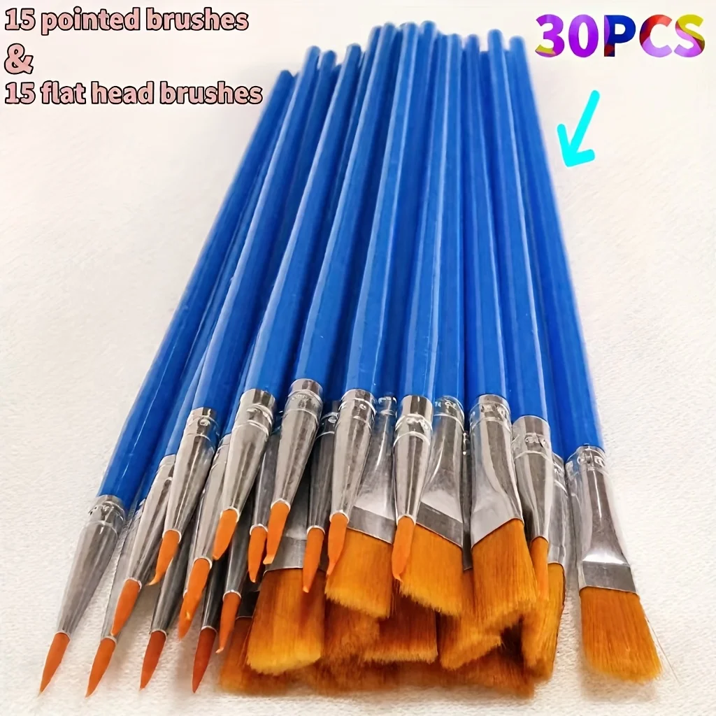 30Pcs Paint Brushes Set, 15 Round Pointed & 15 Flat Tip Nylon Paintbrushes, Blue Handle Art Painting Brushes for Watercolor Acry