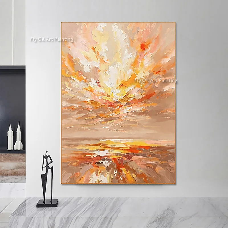 Warm Tone Golden Hour Seascape Oil Painting Hand Painted Thick Impasto Sunset Reflection Canvas Art Abstract Popular Artwork