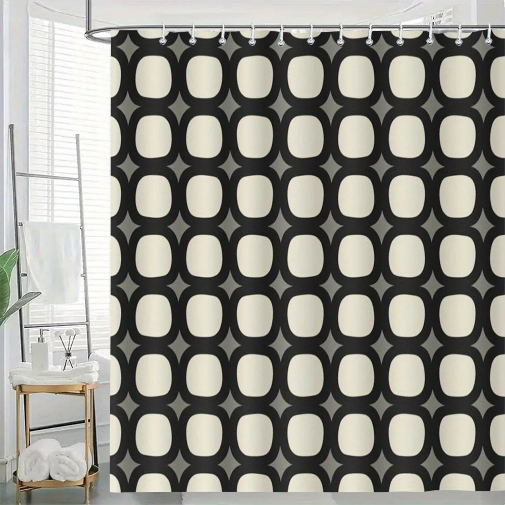 Shower Curtain Mid-Century Black White Geometric – Lava Squares Print, Waterproof Polyester, Grommet Top, Modern Bathroom Decor