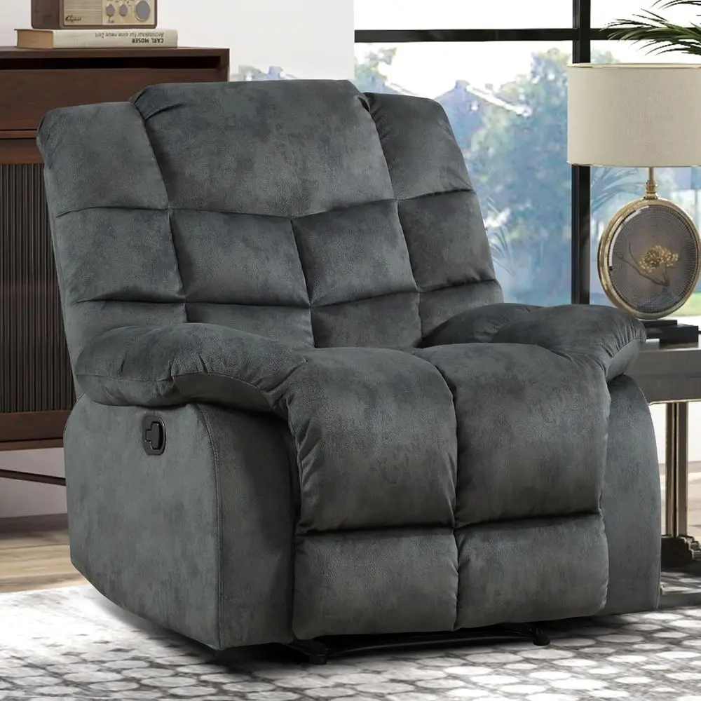 

Grey Upholstered Manual Recliner Sofa with Plush Back and Armrest for Living Room or Bedroom