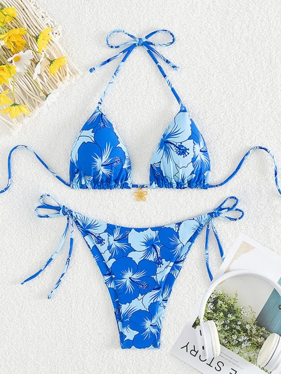 

2025 New Bikini Set Women's Print 2 Piece Swimsuit Sexy Lace-up Triangle Halter Backless Swimwear Beach Vacation Bathing Suit