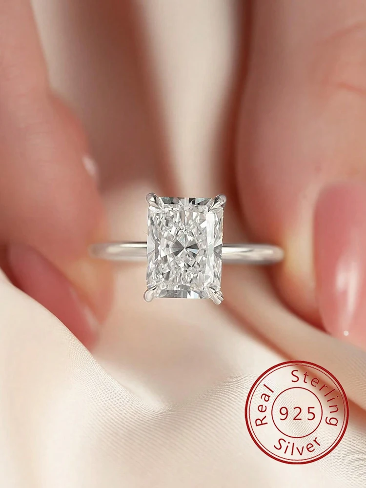 Anello in argento sterling 925 con zircone rettangolare lucido da 5 CT per le donne, fidanzamento, matrimonio, gioielleria raffinata di alta qualità di lusso