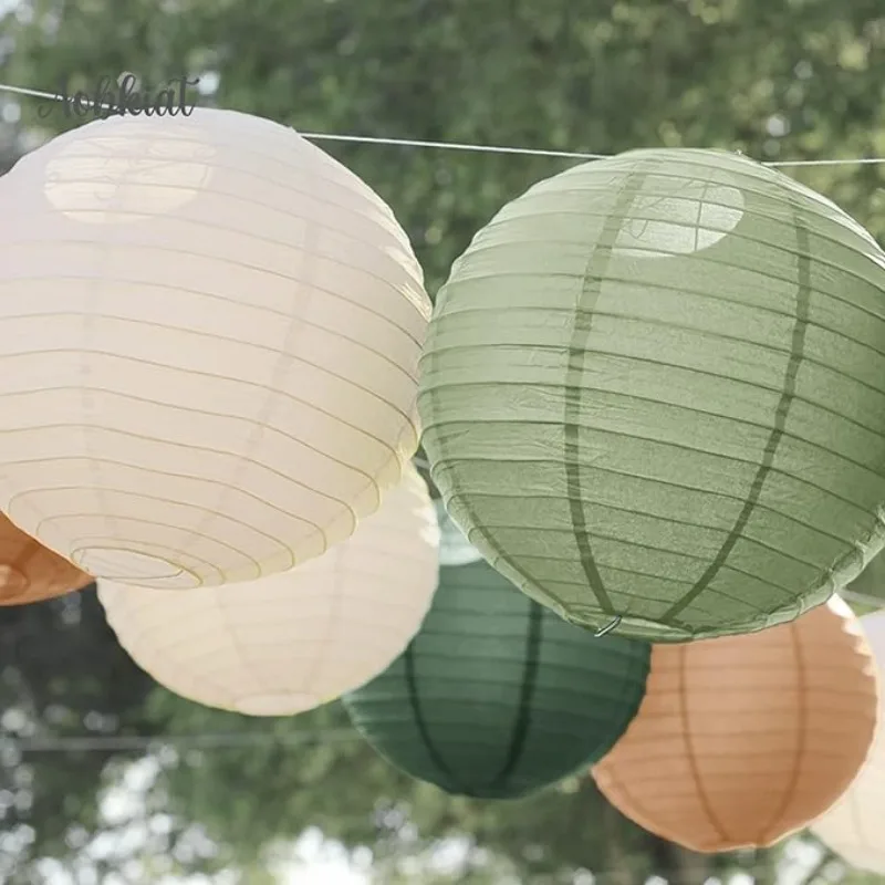 6pcs Round Hanging Paper Chinese Japanese Lanterns Decorations for Sage Green Rustic Wedding Birthday Party Baptism Supplies