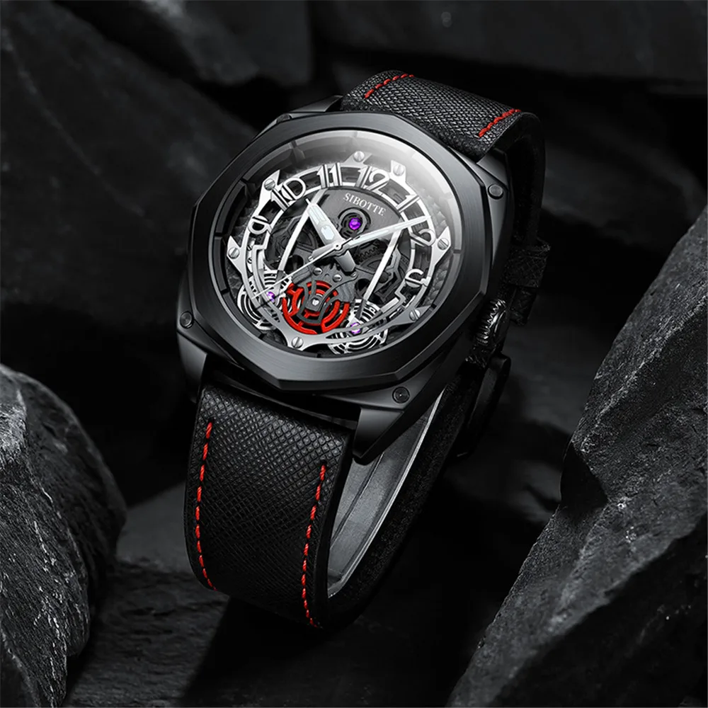 SIBOTTE Luxury Mechanical Automatic Man Watch Sapphire Mirror Hollow Out Men's Watches 50M Waterproof Leather Watch for Men