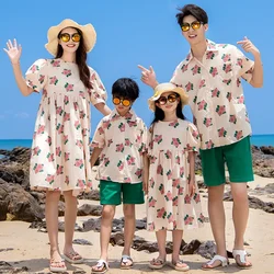 Vacation Holiday Look Family Matching Clothes Korean Mom and Daughter Resorts Floral Dresses Dad and Son Shirts Shorts Outfits