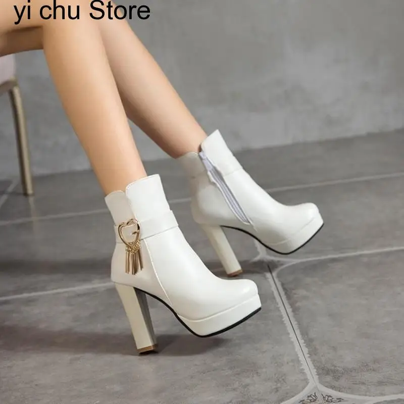 

New Ankle Boots Large Size Fashion Buckle High Heels Pink Autumn Winter White Ankle Boots Women Platform Short Boots Shoes