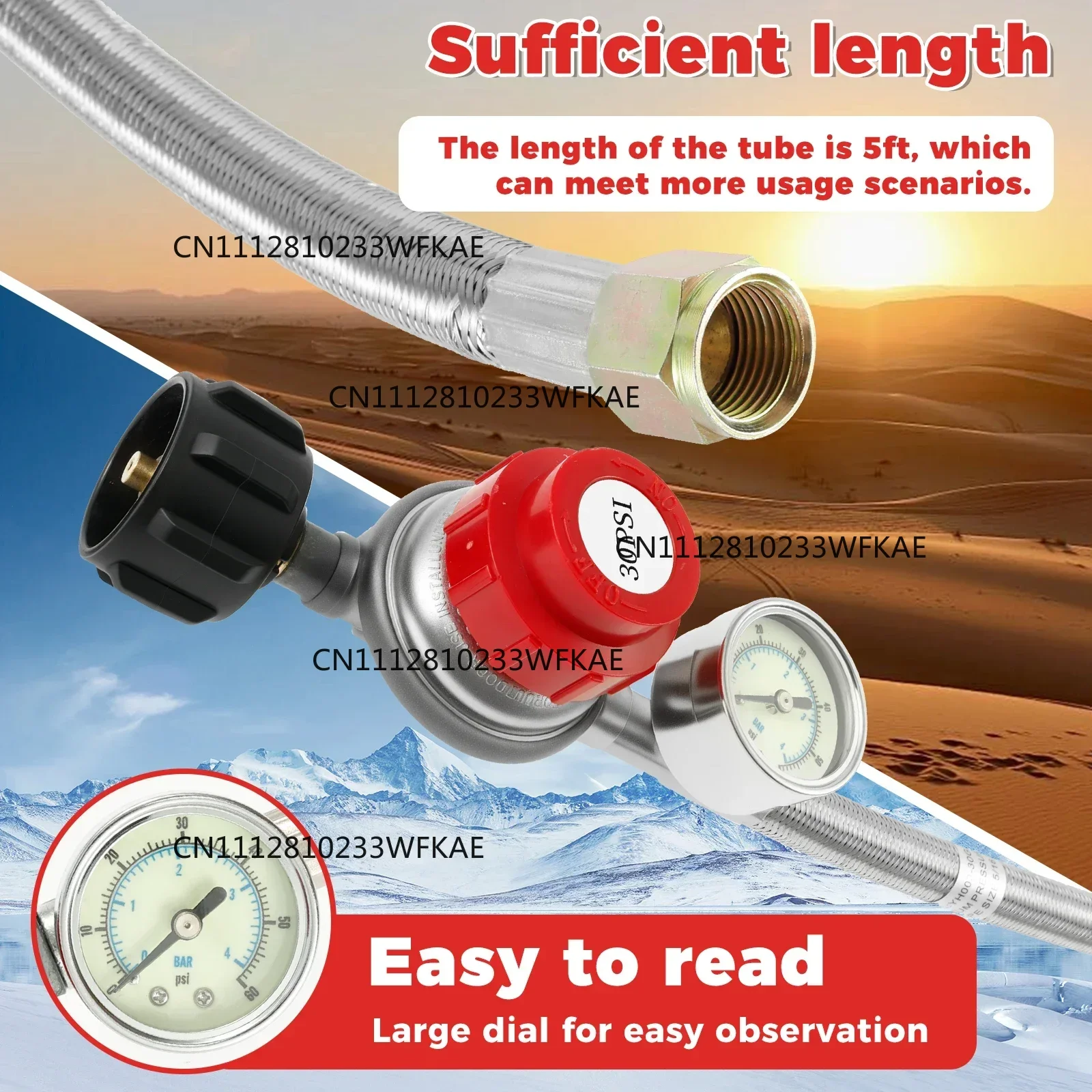 5FT Stainless Steel Brass Propane Regulator And Hose 30 PSI Adjustable Heat Resistant Gas Grill Regulator Hose for Camping Stove