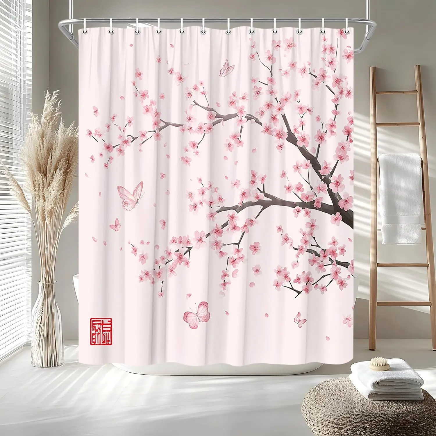 

Cherry Blossom Shower Curtain Pink Plum Floral with Butterfly Flower Japanese Asian Watercolor Cute Branch Scenery Wildflower
