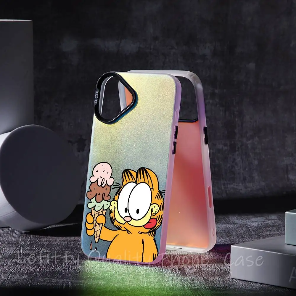 لطيف الكرتون G-garfield القط جراب هاتف ليزر معدني آيفون 16 15 14 13 12 11 برو ماكس ماتي أورورا متعدد الألوان التدرج كوف #3