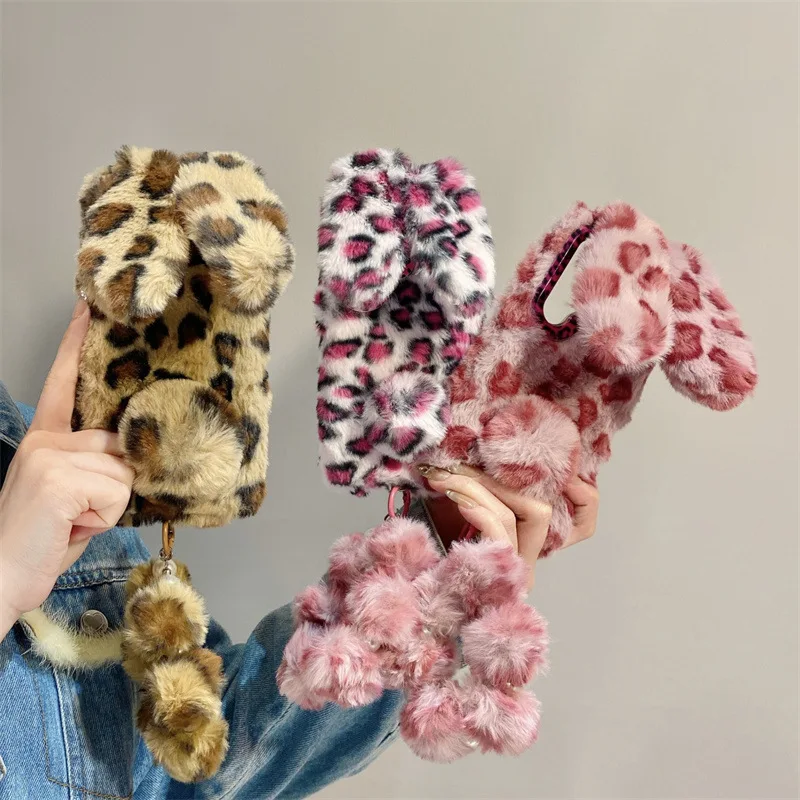 Luxury 3D Leopard Print Rabbit Plush Phone Case For Samsung Galaxy S26 S25 24 23 Ultra Plus A57 With Lanyard Shockproof Cover