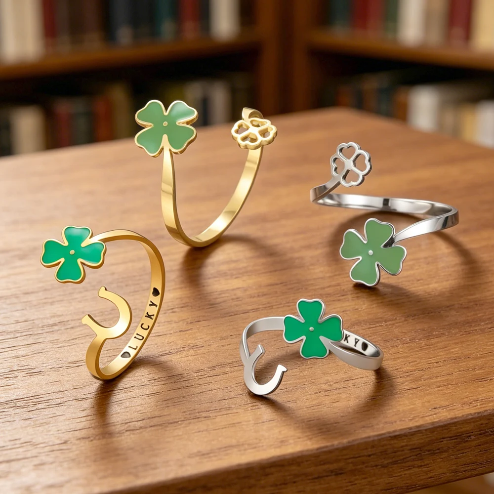 1PC Lucky Green Clover Horseshoe Open Ring Stainless Steel Lucky Clover Ring Irish Lucky Jewelry Gift St. Patrick's Day