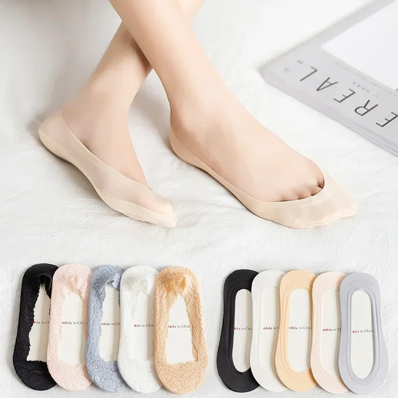 

Lace High-heeled Shoes Socks Non-slip Summer for Women Ladies Cotton Invisible Solid Color Short Ankle Thin Boat Slipper