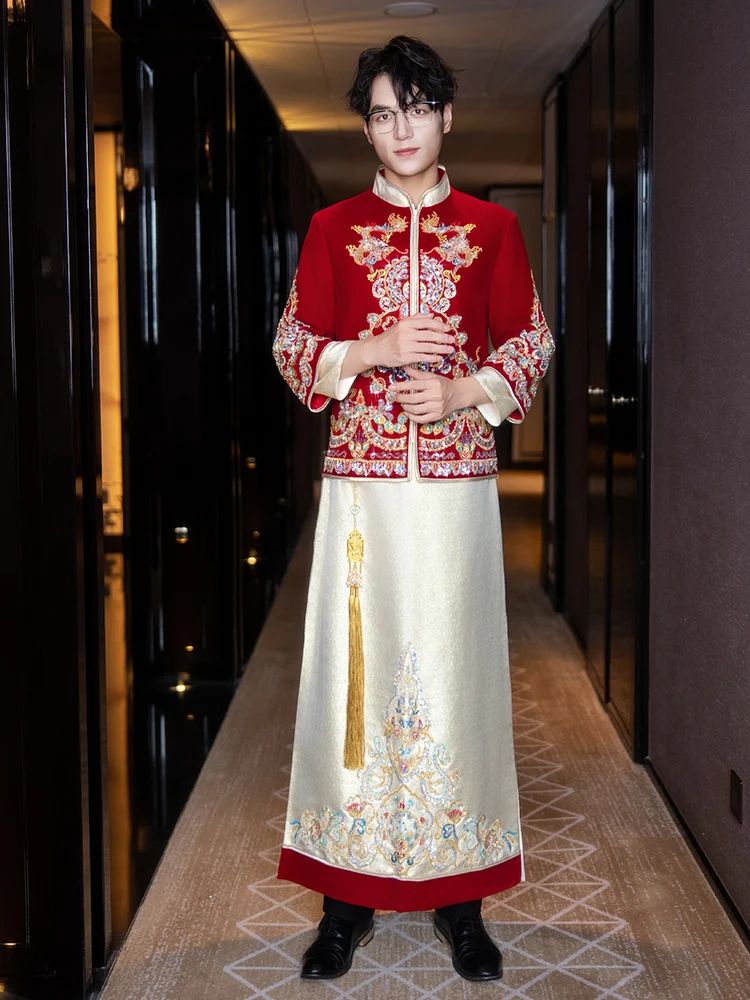 

Men's New 2025 Velvet Xiuhe Suit Heavy Work Wedding omswear Large Size Tang Costume Dragon And Phoenix Coat