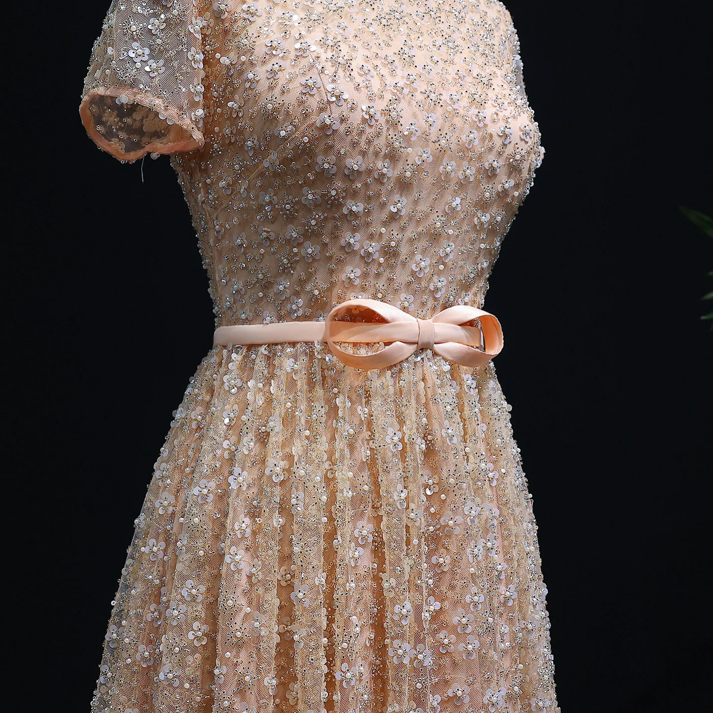Sharon Said Elegant Embroidered Peach Evening Gown with Bow Luxury Beaded Arabic Women Wedding Party Dress SS304 Customized