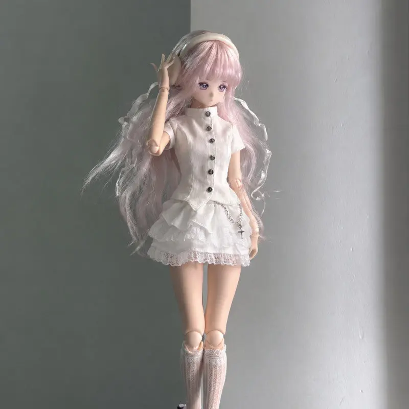 Original Special 1/6 Azone BJD Doll Clothes White Slim Waist Short Sleeves Top Multi-layer Lace Mini Skirt with Socks 3pcs Set - view 2