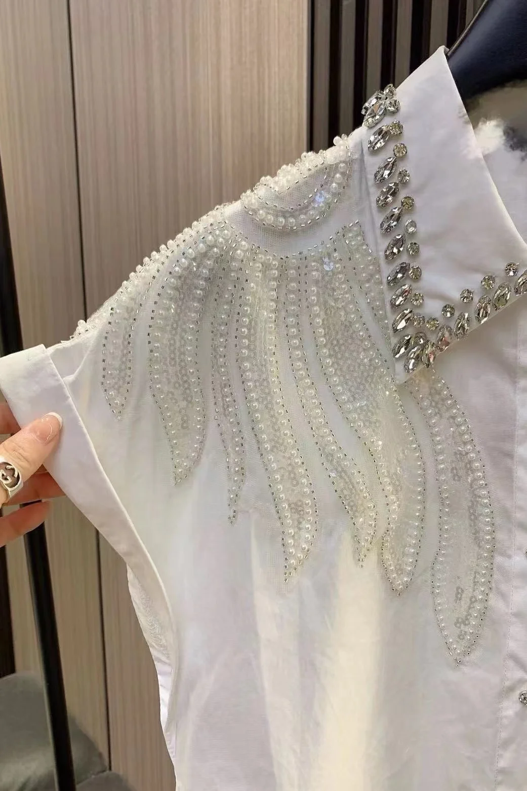 Luxury Sparking Rhinestone Beading Cotton Shirts Women\'s Summer 2024 Loose Blouses Shirts New In Short Sleeve White Top Blusas