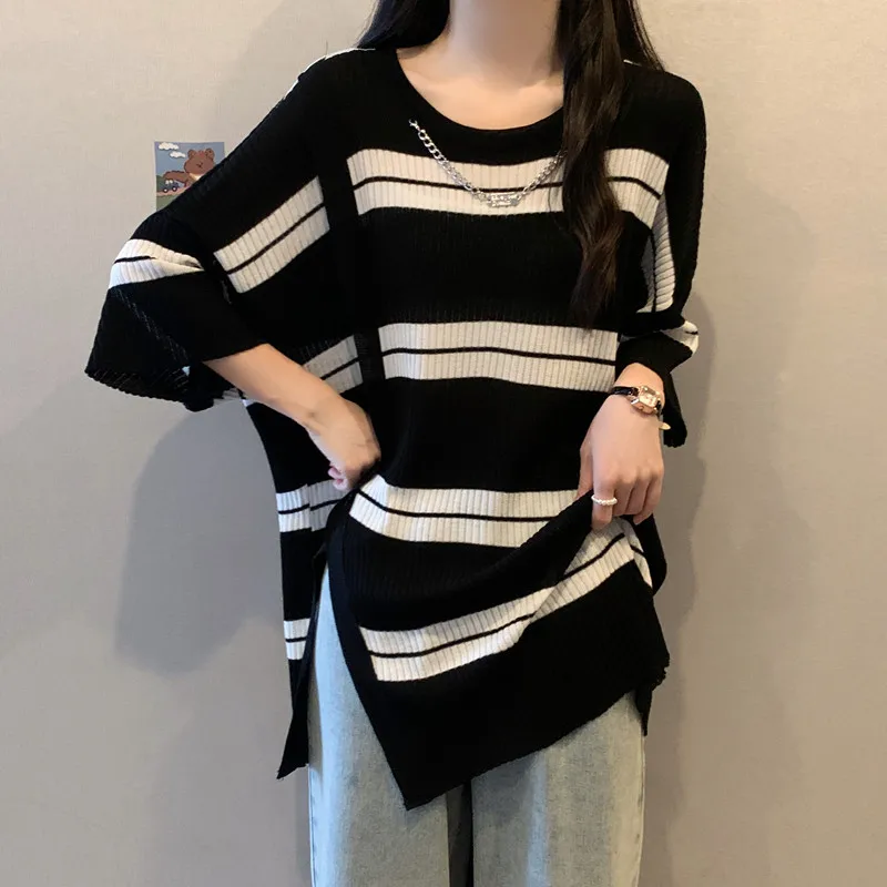 

Stylish Striped Ice Silk Knit Tshirt Sweater Women Casual Fashion Ladies Tops 2023 Summer Short Sleeve O-neck Chic Knitwear