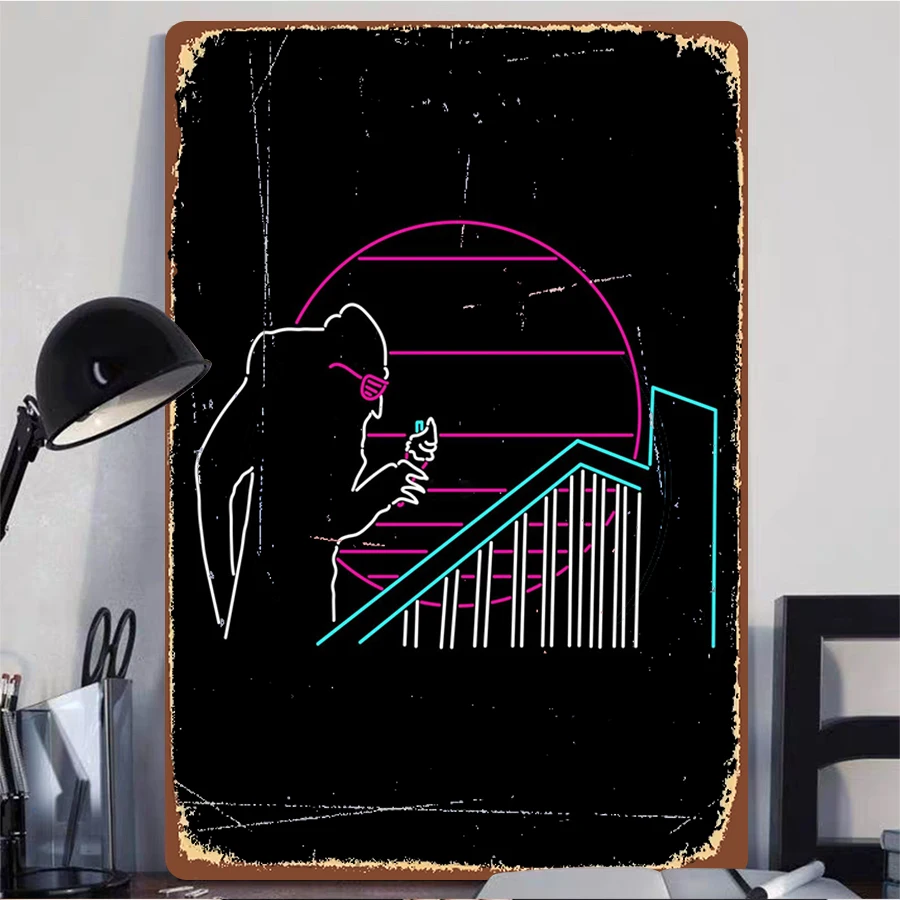 Cyberpunk Neon Silhouette Metal Wall Art Street Style Urban Sunset Decorative Painting Home Wall Decor Hanging Ornament