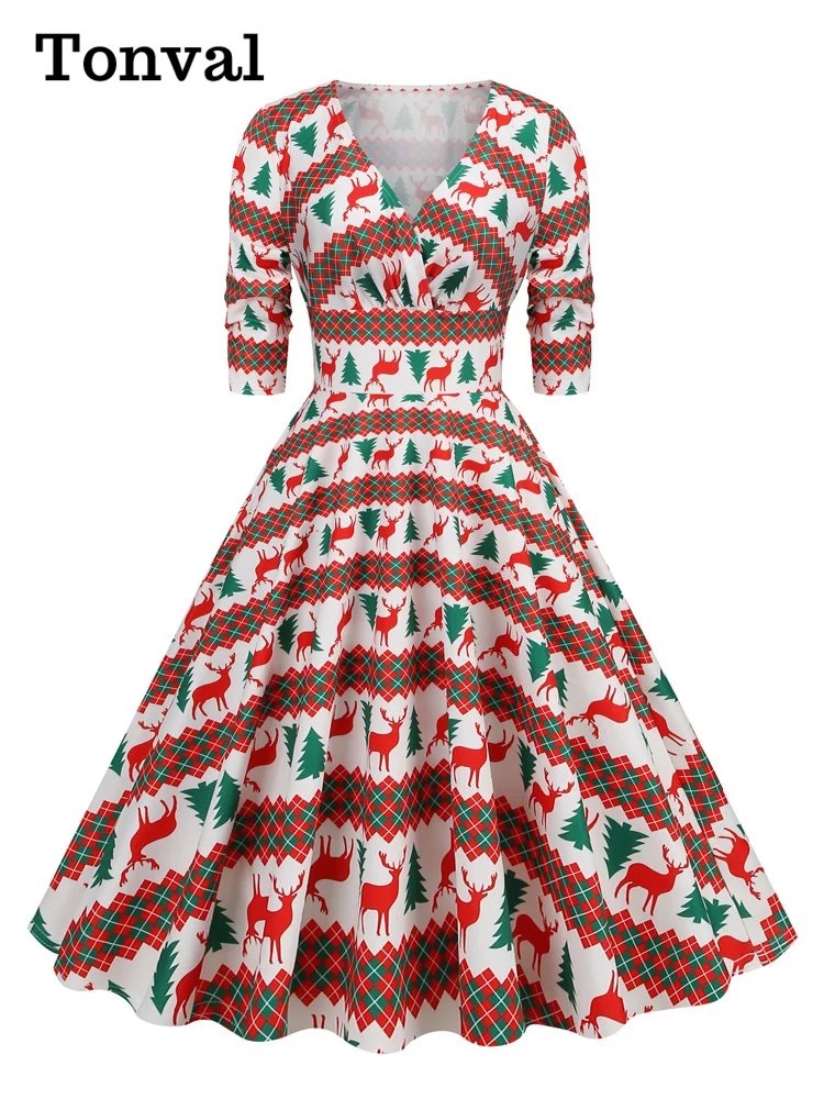 

Tonval Deer and Tree Print Christmas Party Evening Winter Dress Women V-Neck High Waist 50s Vintage Swing Dresses