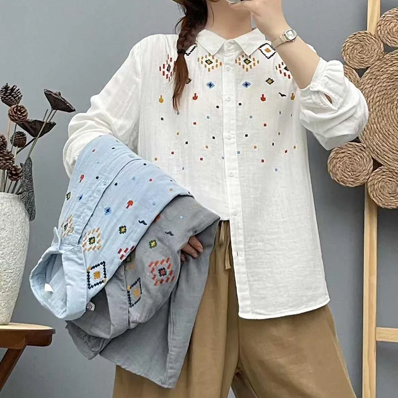 

Cotton Shirt for Women New Arrival Hot-Selling Embroidery Good Quality Double Layer Yarn Loose Tops S187
