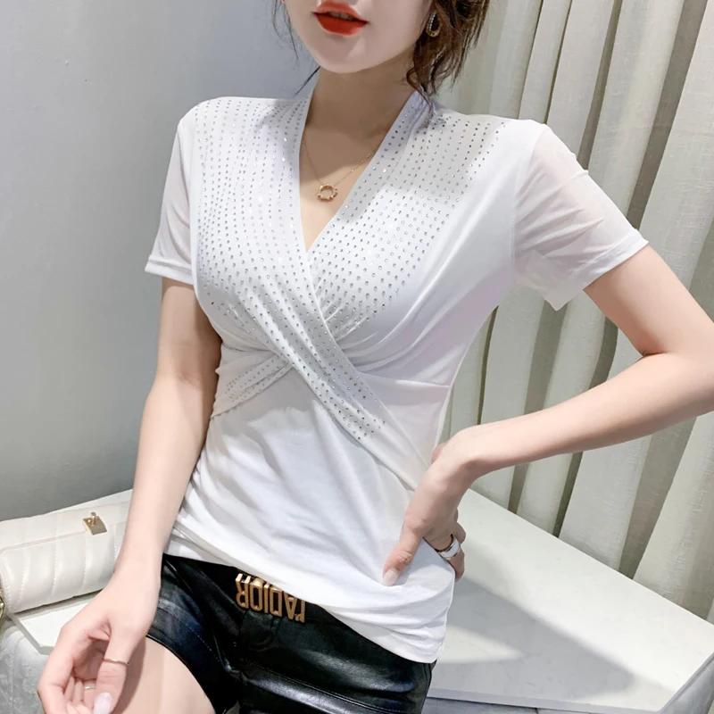 Sexy Me ort Sve T-shirt da donna estiva Faion pieghettata croce V-ne strass corpo dimagrante irt coreano Sle Top