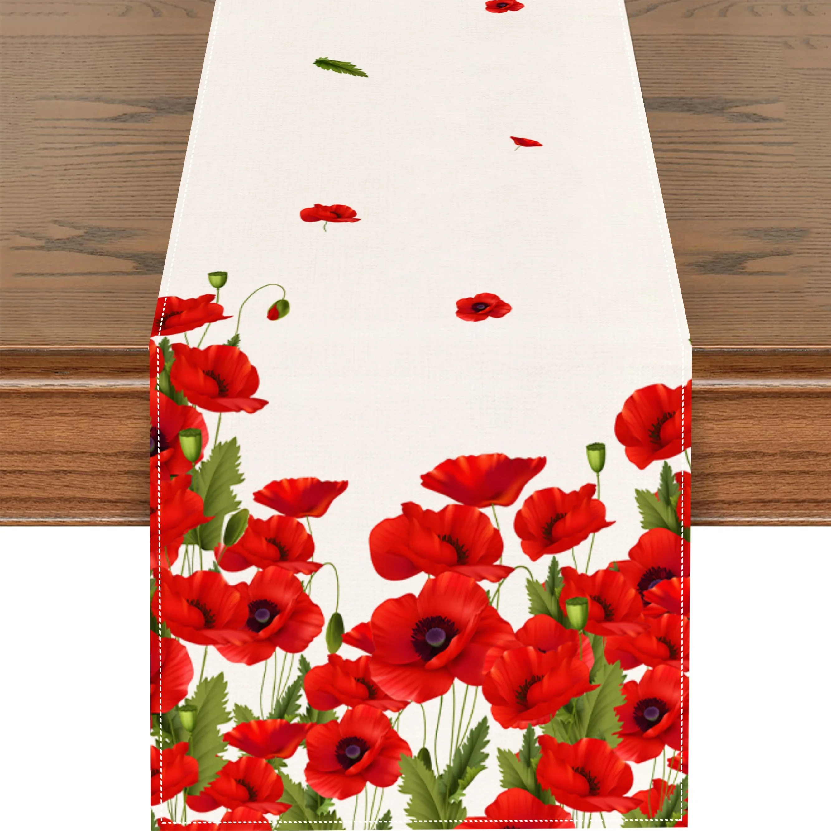 1pc Spring Red Poppy Flower Table Runner, Watercolor Patriotic Floral Home Kitchen Botanical Decor, Memorial Day Summer Seasonal