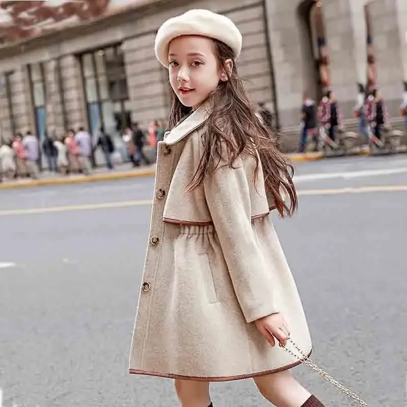 

Grils Woolen Coat Autumn Thick Outwear Girl Wool Jackets Children Long Coats Fashion Winter Gril Warm Jacket Wind Cloak